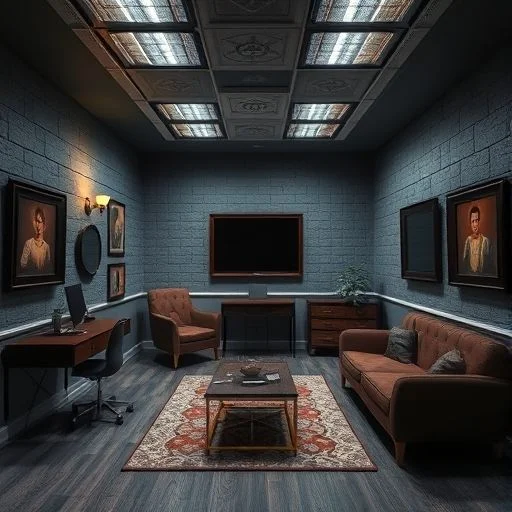 Dimly lit study with leather armchair and antique books, creating a mysterious, atmospheric scene.